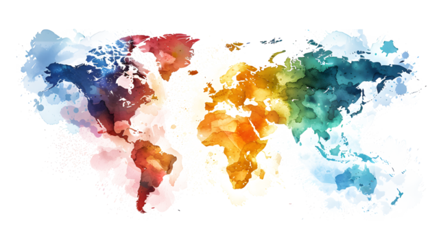 High detailed Multicolor Watercolor World Map Illustration with border son white and transparent background, Side View.