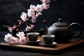 tea ceremony with cherry blossom and teapot on black background
