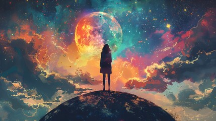 An individual stands as a silhouette on top of a small hill or planet, gazing at a large, colorful celestial body surrounded by stars and nebulae in shades of pink, orange, blue, and purple. 