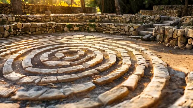 Circular stone labyrinth in forested area during golden hour