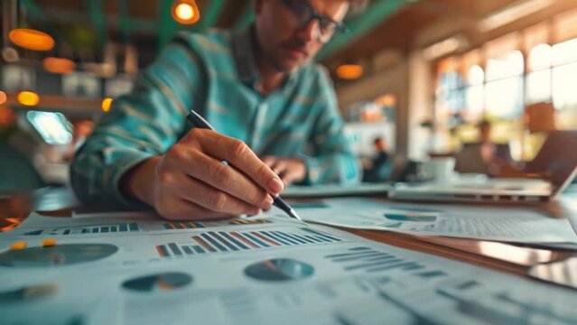 A male businessman holding a pen and meticulously analyzing online marketing strategies helps drive informed decisions in finance and investment.