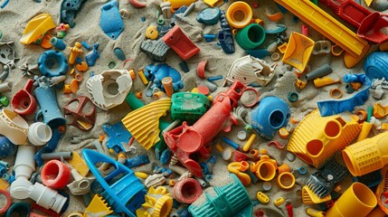 Fototapeta premium Detailed depiction of weathering plastic parts of different colors, polluting pristine sand, captured in a raw, realistic style