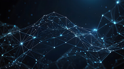 Obraz premium Abstract polygonal background from lines, dots and glowing particles with plexus effect. Artificial intelligence connectivity or technology concept. Digital vector mesh illustration in dark blue
