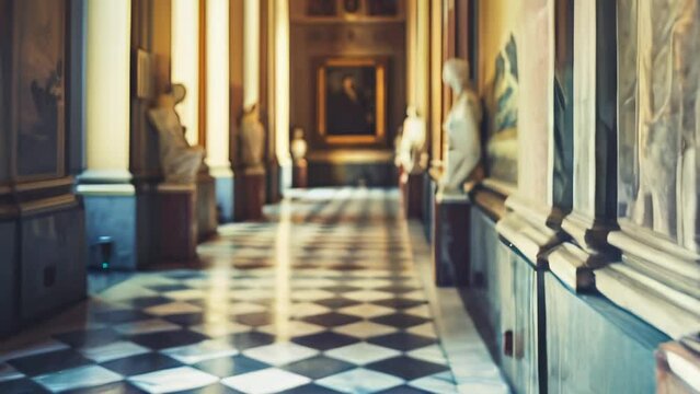 Classical statue in grand hallway with checkered floor and natural light