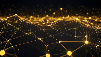 Abstract polygonal background from lines, dots and glowing particles with plexus effect. Artificial intelligence connectivity or technology concept. Digital vector mesh illustration in dark yellow
