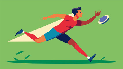 A player sprinting across the field fully extending their body to make a layout catch just before the disc hits the ground.. Vector illustration