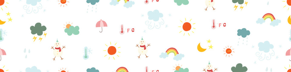 Hand drawn doodles seamless pattern vector design elements set of storm, sunny, rainy, windy, temperature, moon, rainbow, sun, snowman. Weather elements concept illustration.