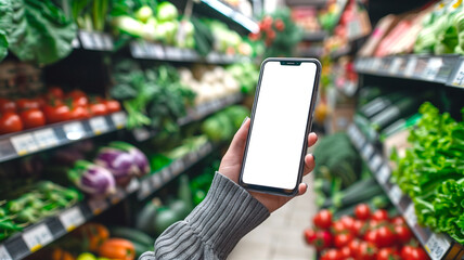 A female hand holds a smartphone with a white screen, while vegetable and fruit shelves serve as the background.