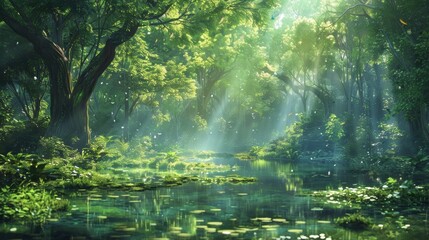 A serene forest scene where organic plants absorb electrical energy, illustrating a fusion of nature and sustainable power