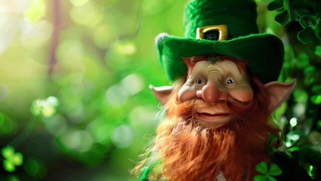 Smiling leprechaun figure in green hat surrounded by clovers