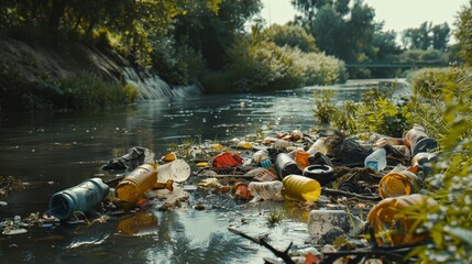 A dramatic scene of aged and discolored plastic parts along a riverbank, showcasing the impact of plastic waste on aquatic ecosystems