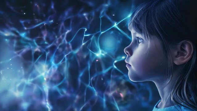 Child with thoughtful expression amid glowing neural network