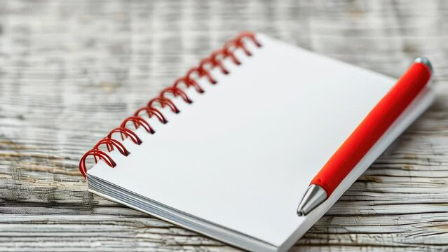 Red pen lies diagonally on top of spiral notepad placed textured wooden surface