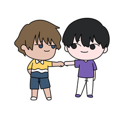 Two cartoon characters are shaking hands