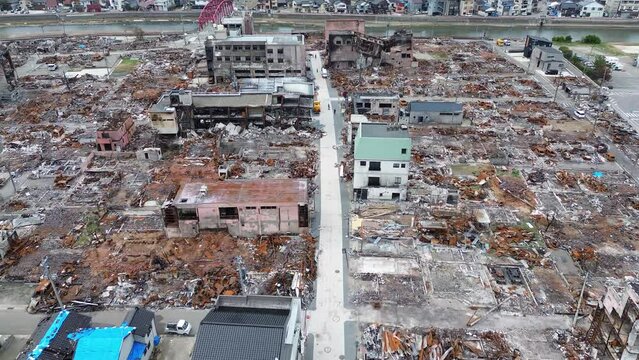 Aerial view of a town destroyed by fire caused by an earthquake that occurred on the Noto Peninsula, Ishikawa Prefecture, Japan on January 1, 2024 part2