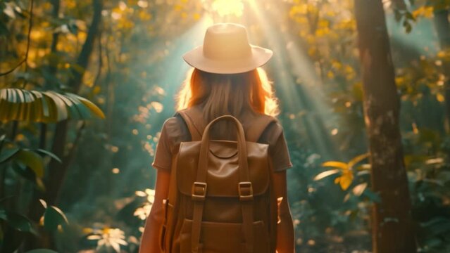 A beautiful young traveler enjoys the beauty of the lush forest and relaxes in the tranquility through the lush forest amidst the mesmerizing charm of nature in Thailand.