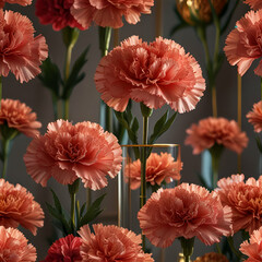 Glowing Neoclassical Style Carnation Floral Decorations for Mother's Day, Bright Indoor Setting with Golden Lighting and Joyful Atmosphere