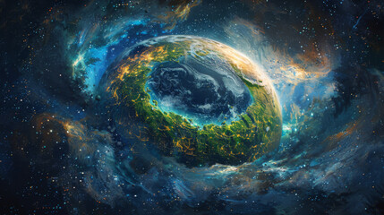 A digitally created scene depicting Earth surrounded by a vibrant, colorful galactic atmosphere in deep space.