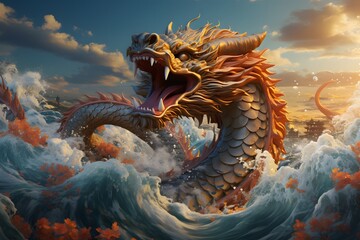 A colorful Chinese brush painting of a highly detailed colorful Chinese dragon baring its fangs. Fly among beautiful clouds Below the picture is a blue sea. The light hits the waves and sparkles.