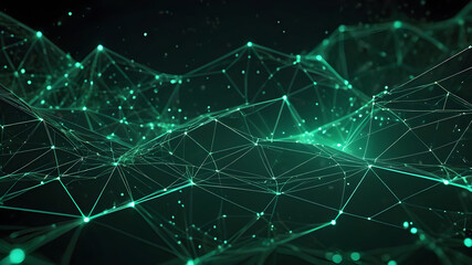 Abstract polygonal background from lines, dots and glowing particles with plexus effect. Artificial intelligence connectivity or technology concept. Digital vector mesh illustration in dark green
