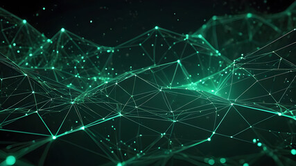 Obraz premium Abstract polygonal background from lines, dots and glowing particles with plexus effect. Artificial intelligence connectivity or technology concept. Digital vector mesh illustration in dark green