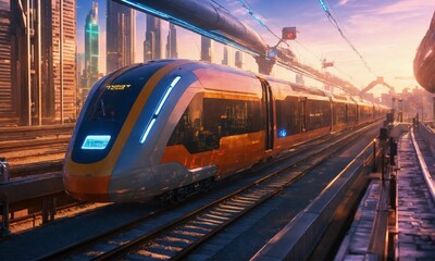 Naklejka premium Train of the future running in the city