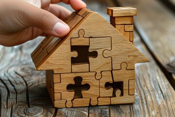 House of wooden puzzles with a detail in the hands of a child on a wooden background. puzzle game, preschool education.