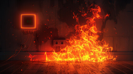 Intense electrical fire igniting from a socket in a wooden home interior, depicting fire hazards.