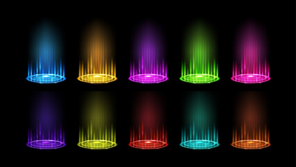 Color hologram effect and portal set. Magic fantasy portal with neon round blue, yellow, pink, purple and red glow ray night. Magic circular podium for teleportation with a hologram effect. Vector © Jer