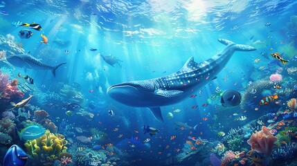 Fototapeta premium Panorama background of beautiful coral reef with marine tropical fish. Whale shark, Hammerhead shark, Zebra shark and sea turtle visited here