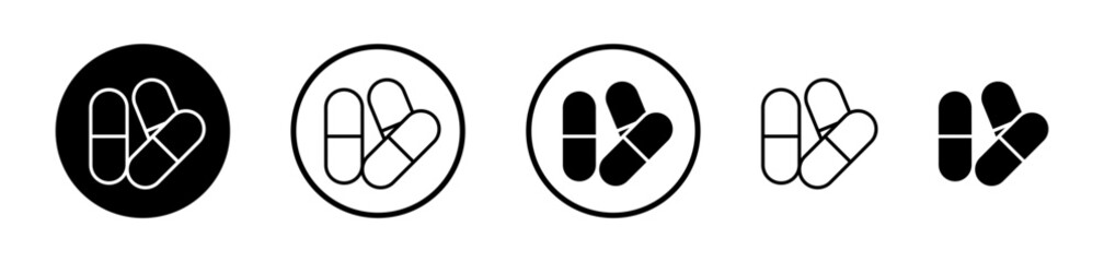 Pharmaceutical Icon Set. Medication vector symbol. Drug tablet and capsule sign. Health pill icon.