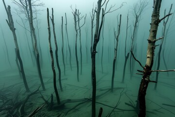 Encounter the remnants of a long-forgotten forest as you explore the depths of a submerged wilderness, where sunken trees stand, Generative AI