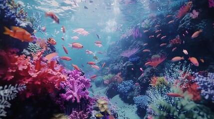 Fototapeta premium World Oceans Day. World Water Day. Blue ocean underwater life with coral reefs and colorful fish. Bright sunlight shines under the sea. Beautiful nature landscape. 