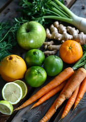 background for an instagram reel of fuit and vegetaables as apple, ginger, carrot, lemon, lime, fennel in an environment with light, fresh and healthy wooden tables