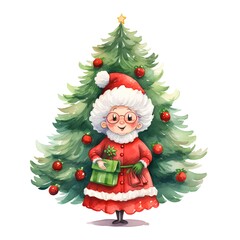 Santa Claus with gift box and christmas tree. Vector illustration.