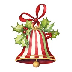Watercolor Christmas bell isolated on white background. Hand drawn illustration.