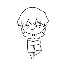 A cartoon boy is standing with his arms crossed and legs apart