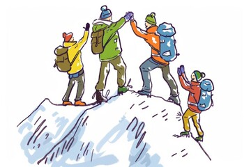 Cartoon cute doodles of mountain climbers making their way up a steep slope, with determined expressions and colorful gear, Generative AI