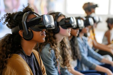 A group of young girls are wearing virtual reality headsets and sitting in a circle. They appear to be enjoying the experience and are likely playing a game or watching a video