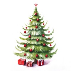 Watercolor Christmas tree with red balls and gifts isolated on white background