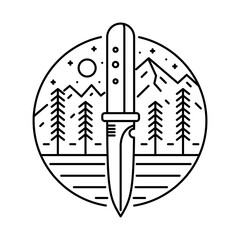 The mountain of the nature and adventure knives perfect combination art work mono line for print editable t shirt, badge, patch, and sticker