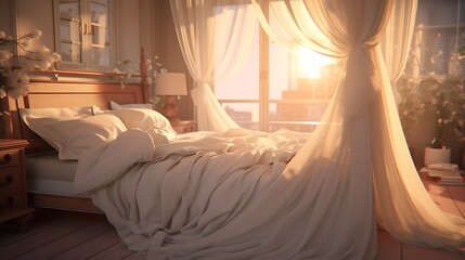 A serene bedroom with a king-sized bed, fluffy pillows, and sheer curtains billowing in the breeze