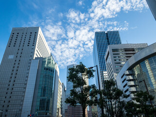 青空と並んだビルを見上げる風景