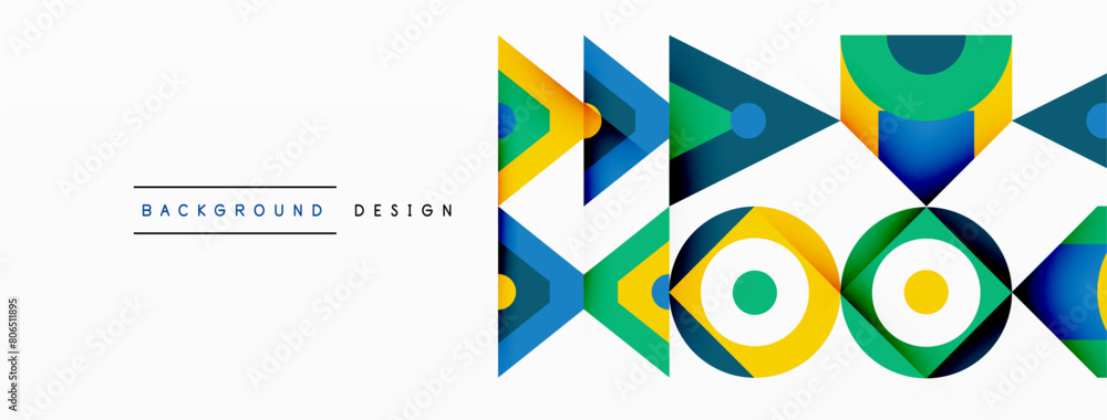 Poster Rectangles, triangles, and circles form a colorful geometric pattern with electric blue arrows on a white background. Symmetry and art merge in this visually striking design