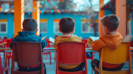 children boys reading books sitting at desks in children's center