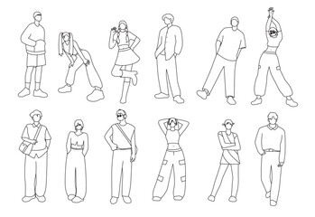 Young people with different styles, happy young people,  group of different minimalistic linear people
