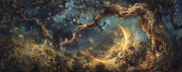 A crescent moon cradled in the branches of an ancient tree, with fairies dancing around its trunk