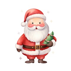 Hand drawn watercolor illustration of Santa Claus with Christmas tree. Isolated on white background.