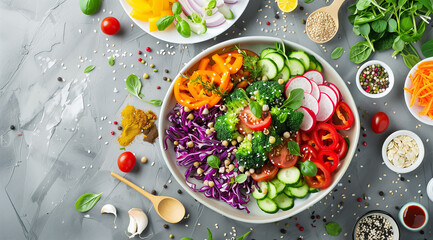 food photography of an artistically arranged bowl with colorful vegetables and grain based dressing on top of a grey concrete table
