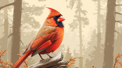 Vivid red Northern Cardinal bird perched on a branch in a serene autumn forest setting.